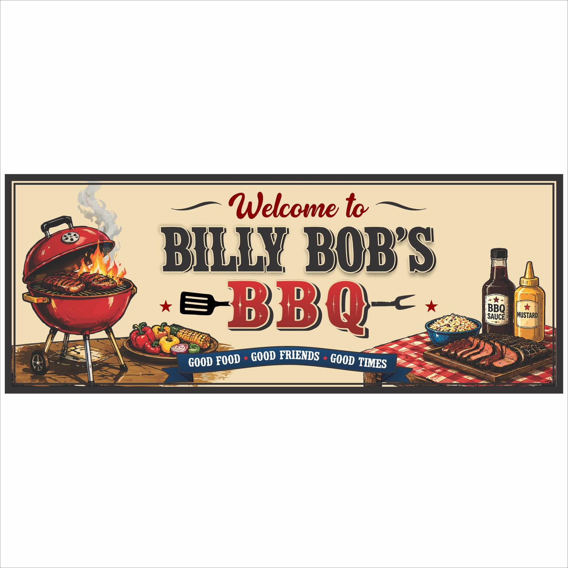 Personalized BBQ sign with vintage grill artwork displayed in a close-up product image