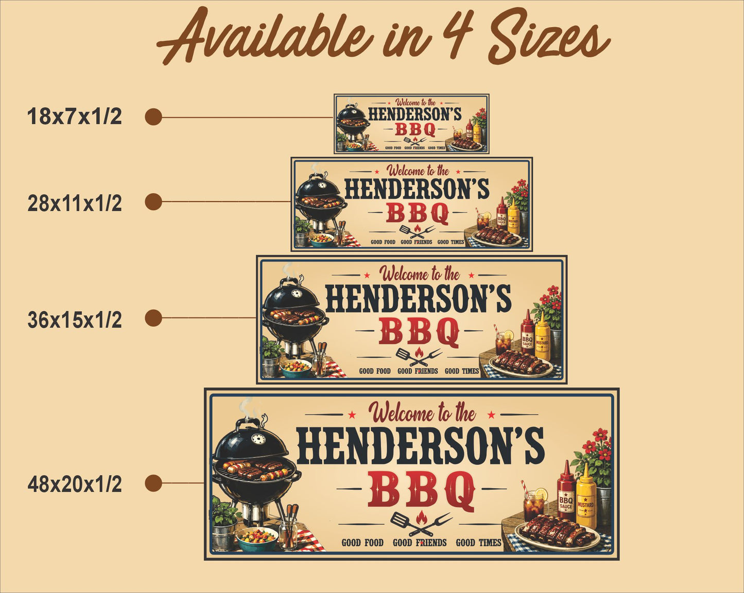 Size comparison chart displaying personalized BBQ sign in 18x7 28x11 36x15 and 48x20 inch sizes
