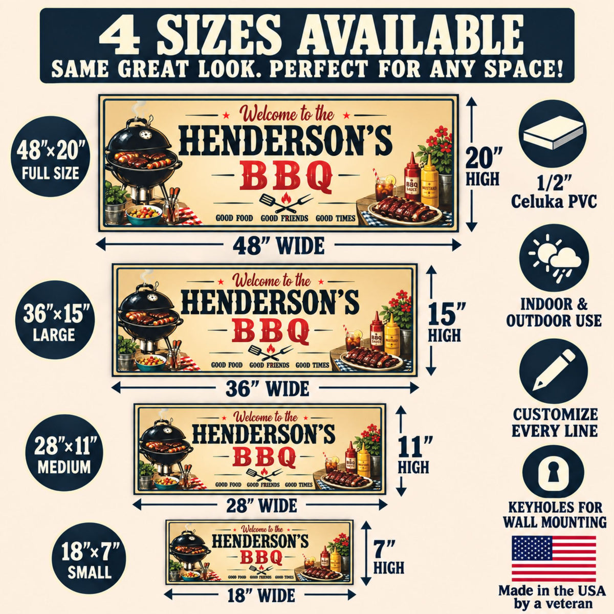 Personalized BBQ sign in four sizes: 18×7, 28×11, 36×15, and 48×20 inches, with Celuka PVC material and keyhole mounting details.