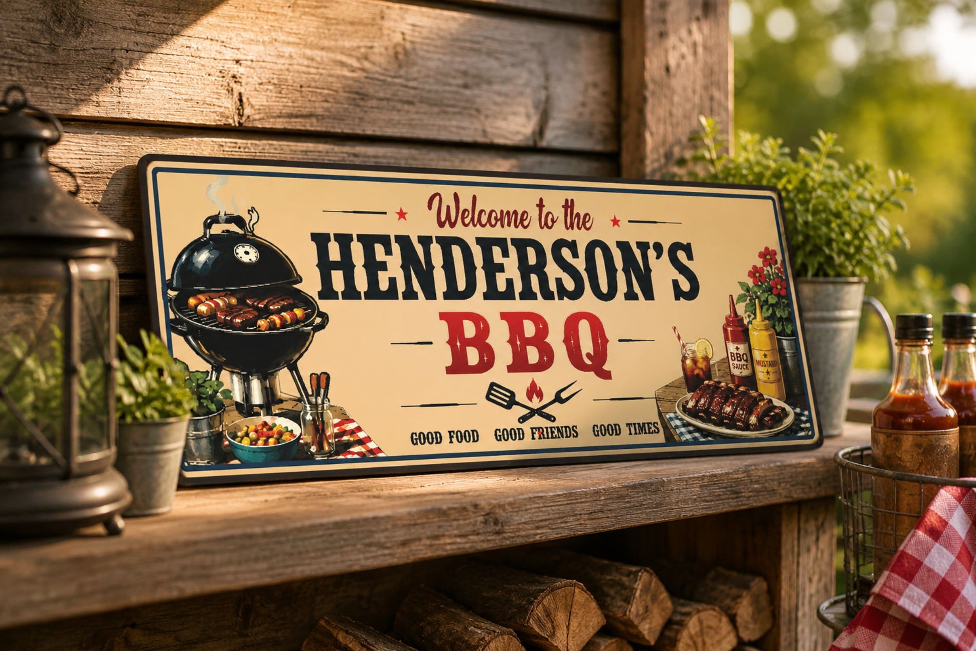 Custom BBQ sign displayed on outdoor shelf beside grilling accessories and backyard decor