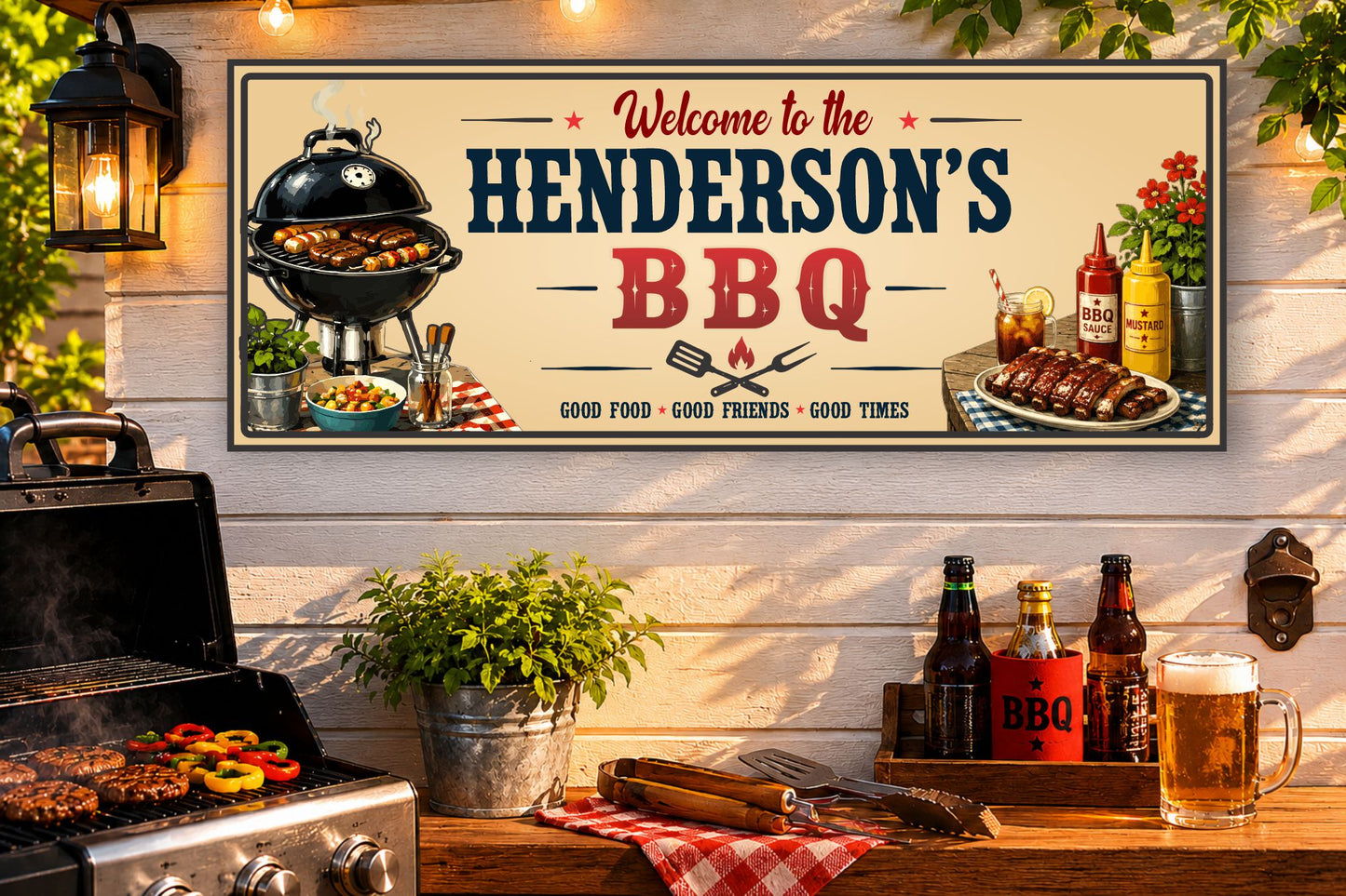 Personalized barbecue sign mounted on outdoor wall near grill station and patio cooking area