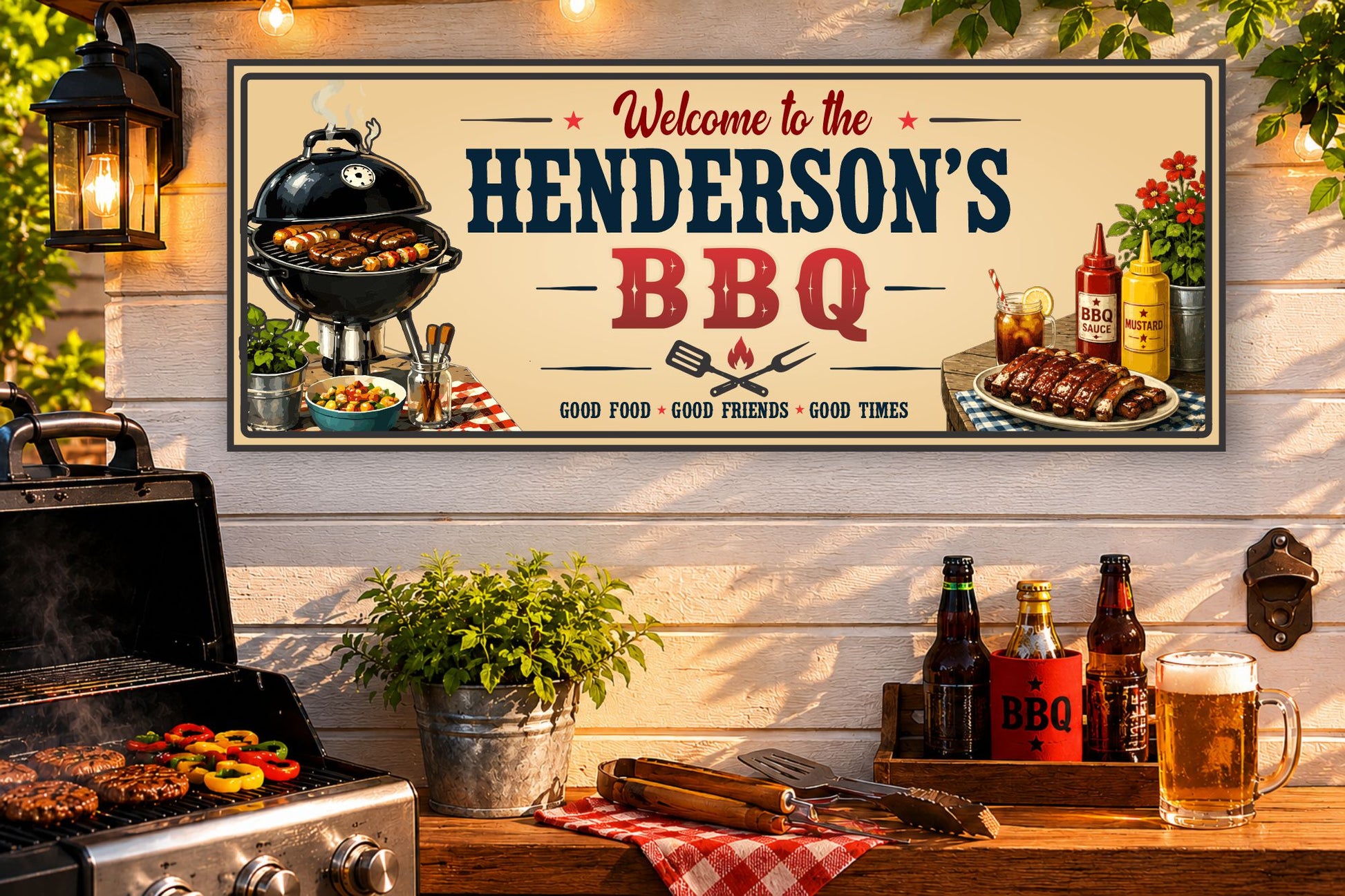 Personalized barbecue sign mounted on outdoor wall near grill station and patio cooking area