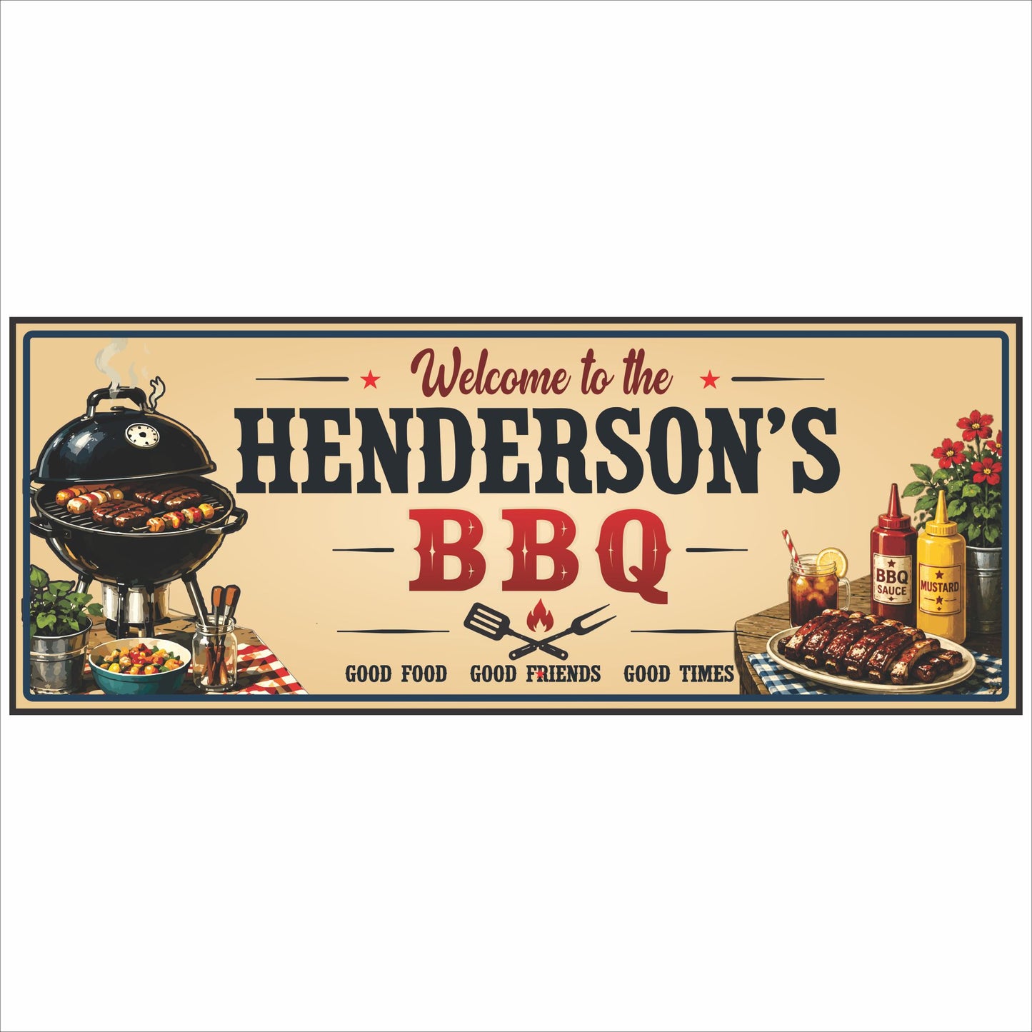 Personalized BBQ sign with vintage grill artwork and rustic barbecue theme on light background