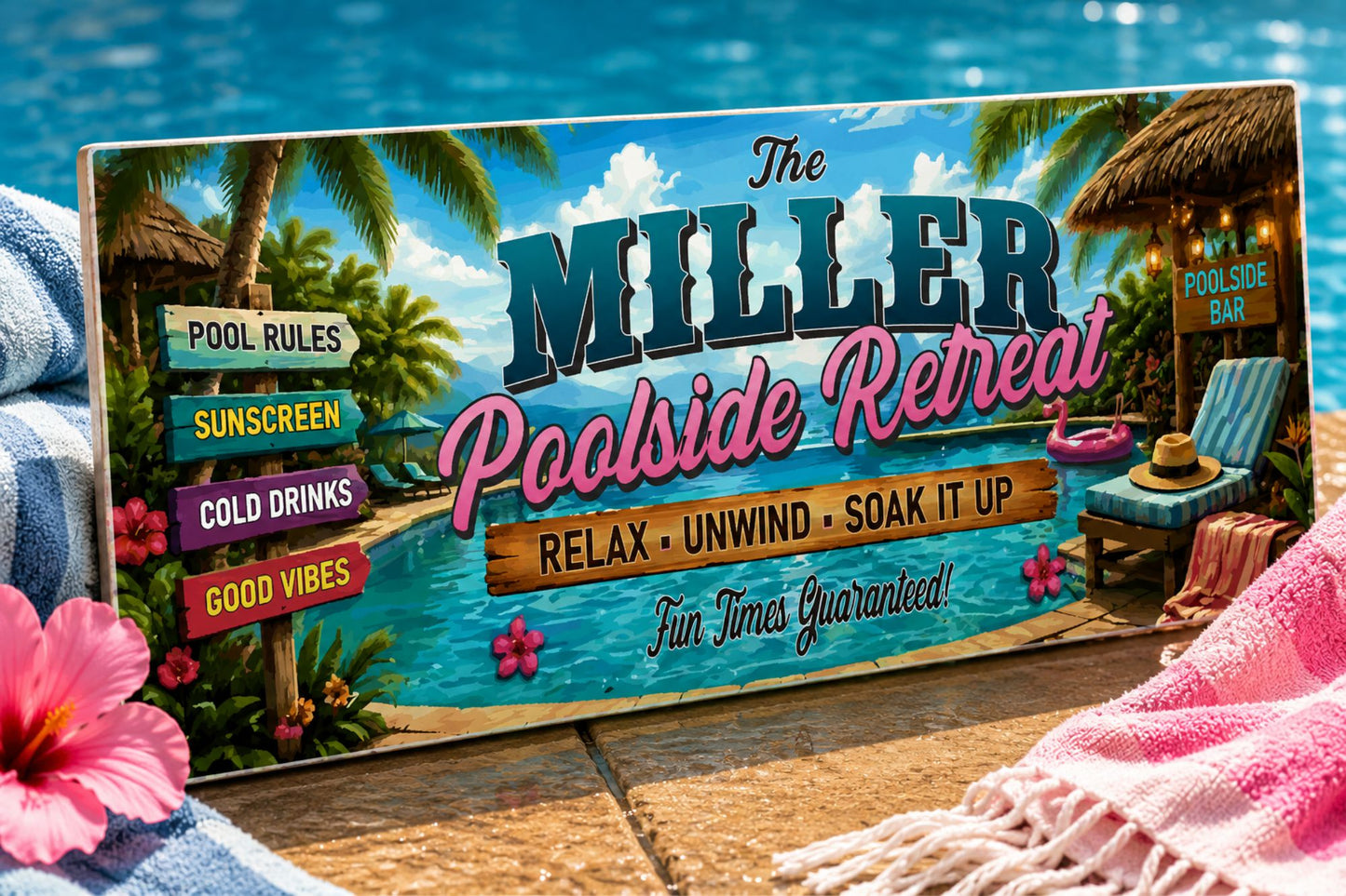 Custom pool rules sign displayed beside a swimming pool with tropical landscaping, lounge towels, and personalized family retreat design