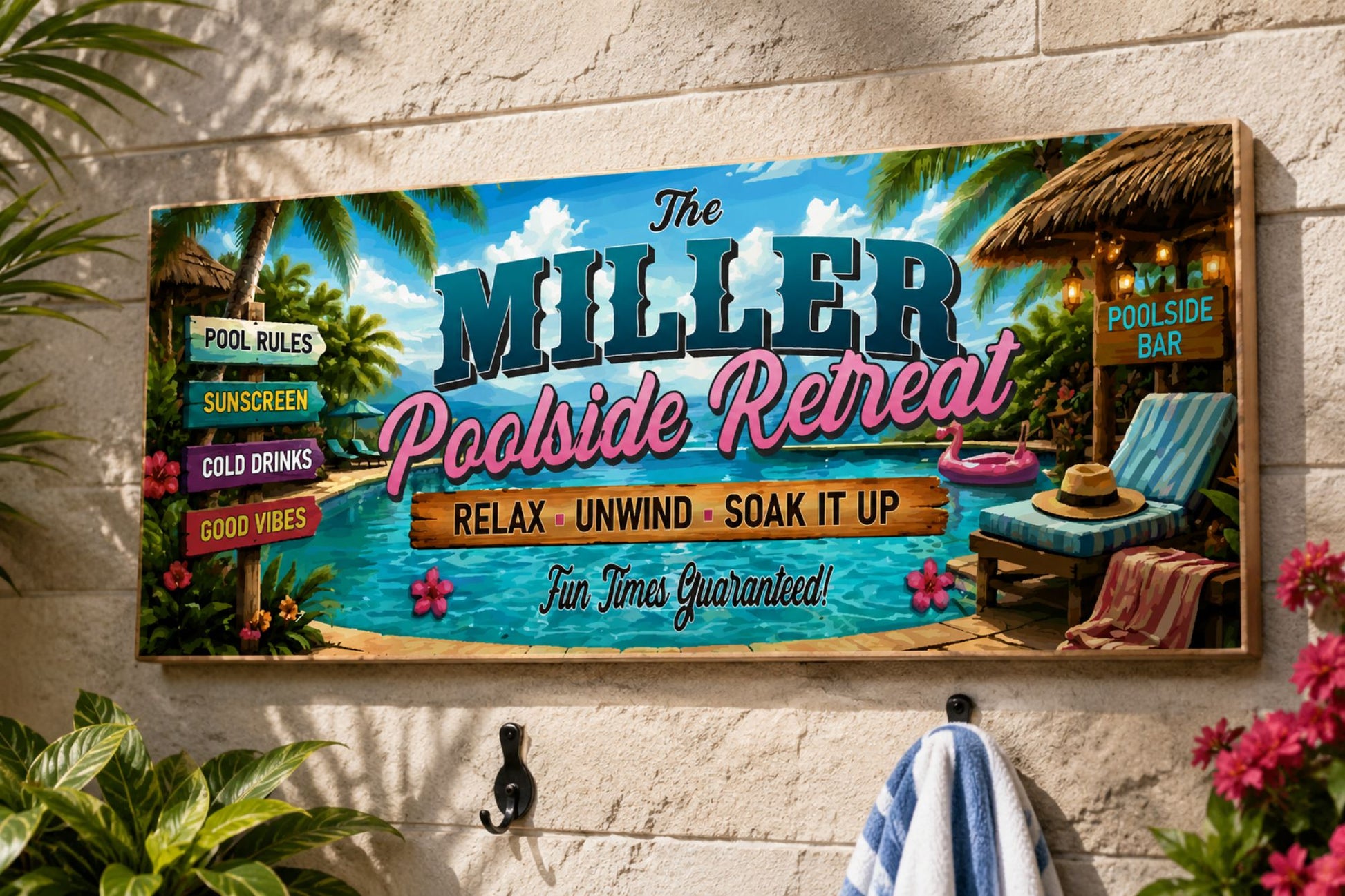 Personalized family poolside retreat sign mounted on an outdoor patio wall near a swimming pool and backyard entertaining area