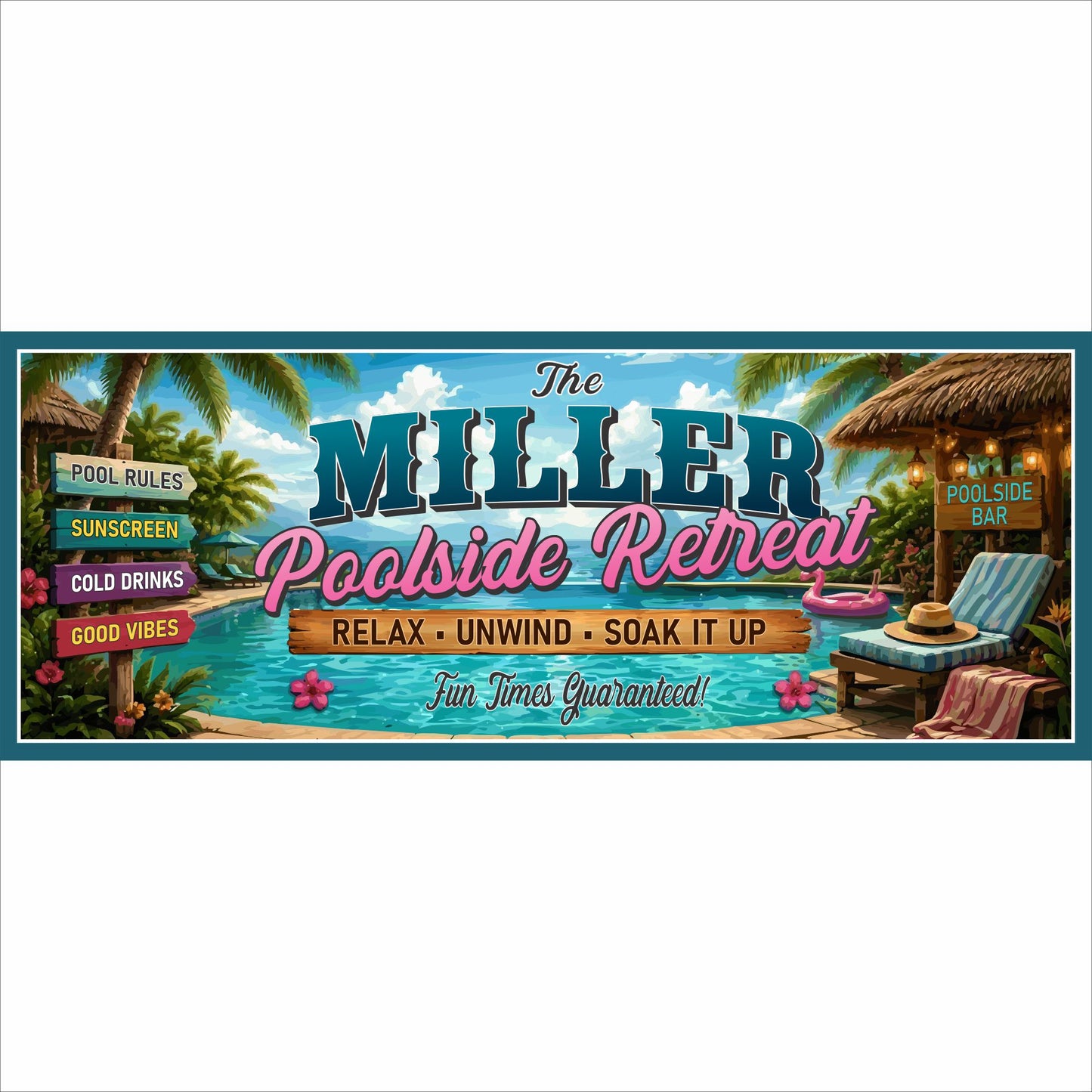 Personalized Poolside Retreat sign featuring custom family name, tropical resort artwork, colorful directionals, and backyard oasis theme