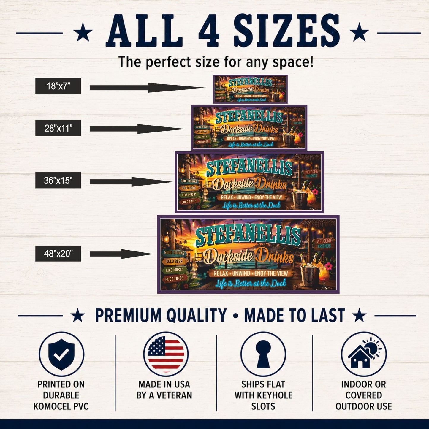 Size comparison chart showing the custom dockside bar sign in 18x7, 28x11, 36x15, and 48x20 inch sizes.