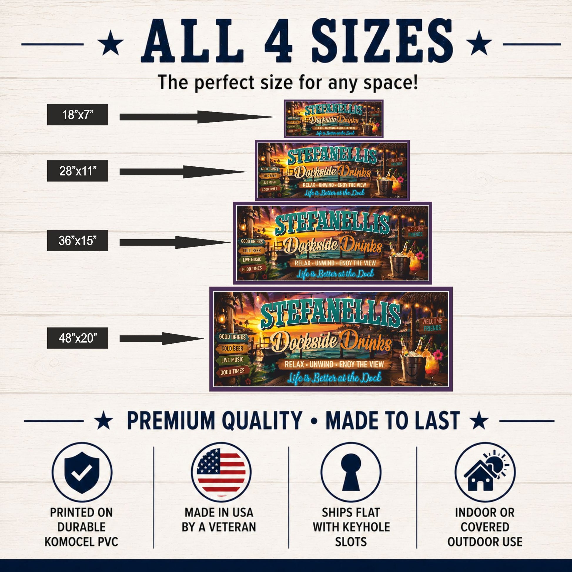 Size comparison chart showing the custom dockside bar sign in 18x7, 28x11, 36x15, and 48x20 inch sizes.