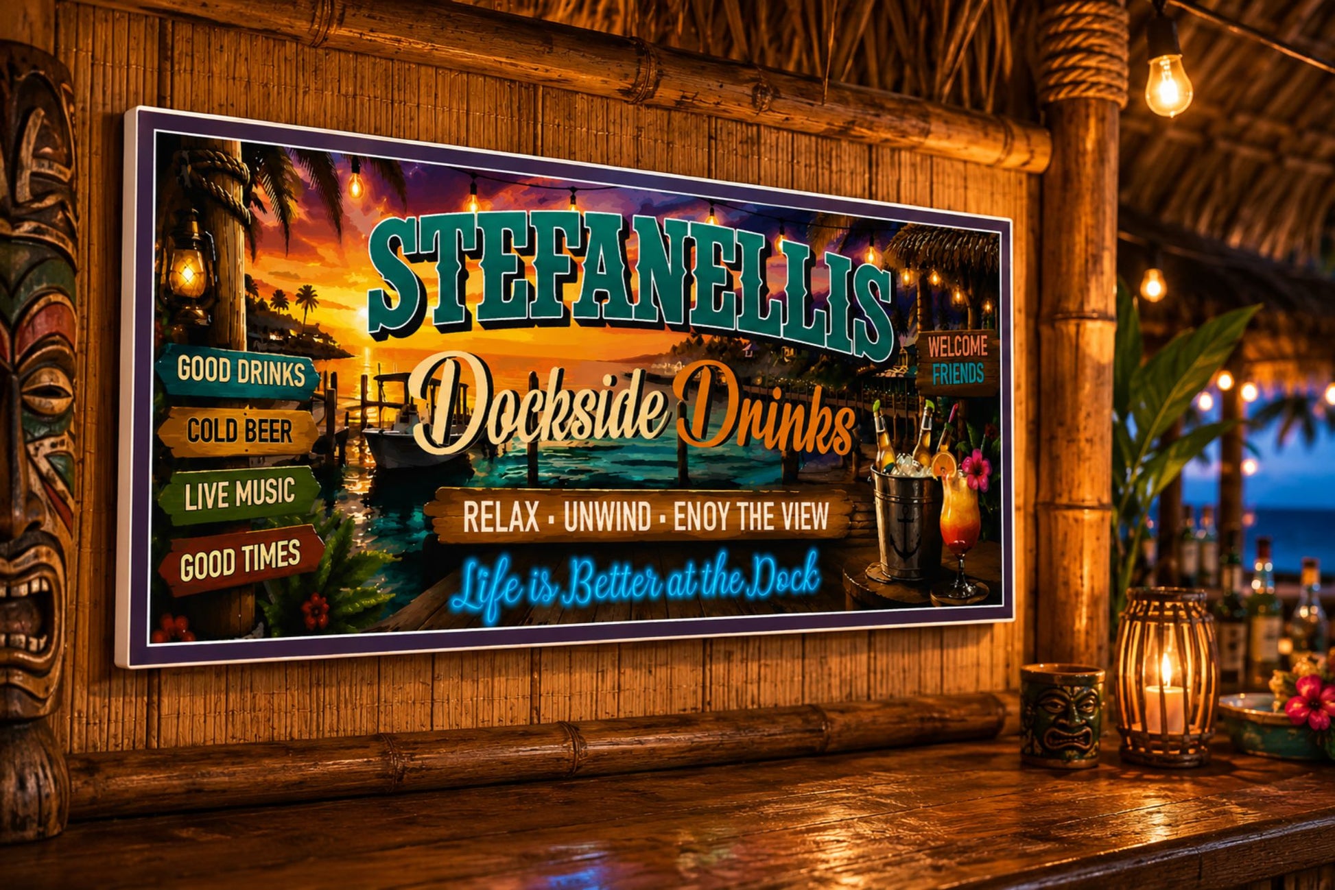 Custom dockside bar sign displayed on the wall inside a tropical tiki hut.