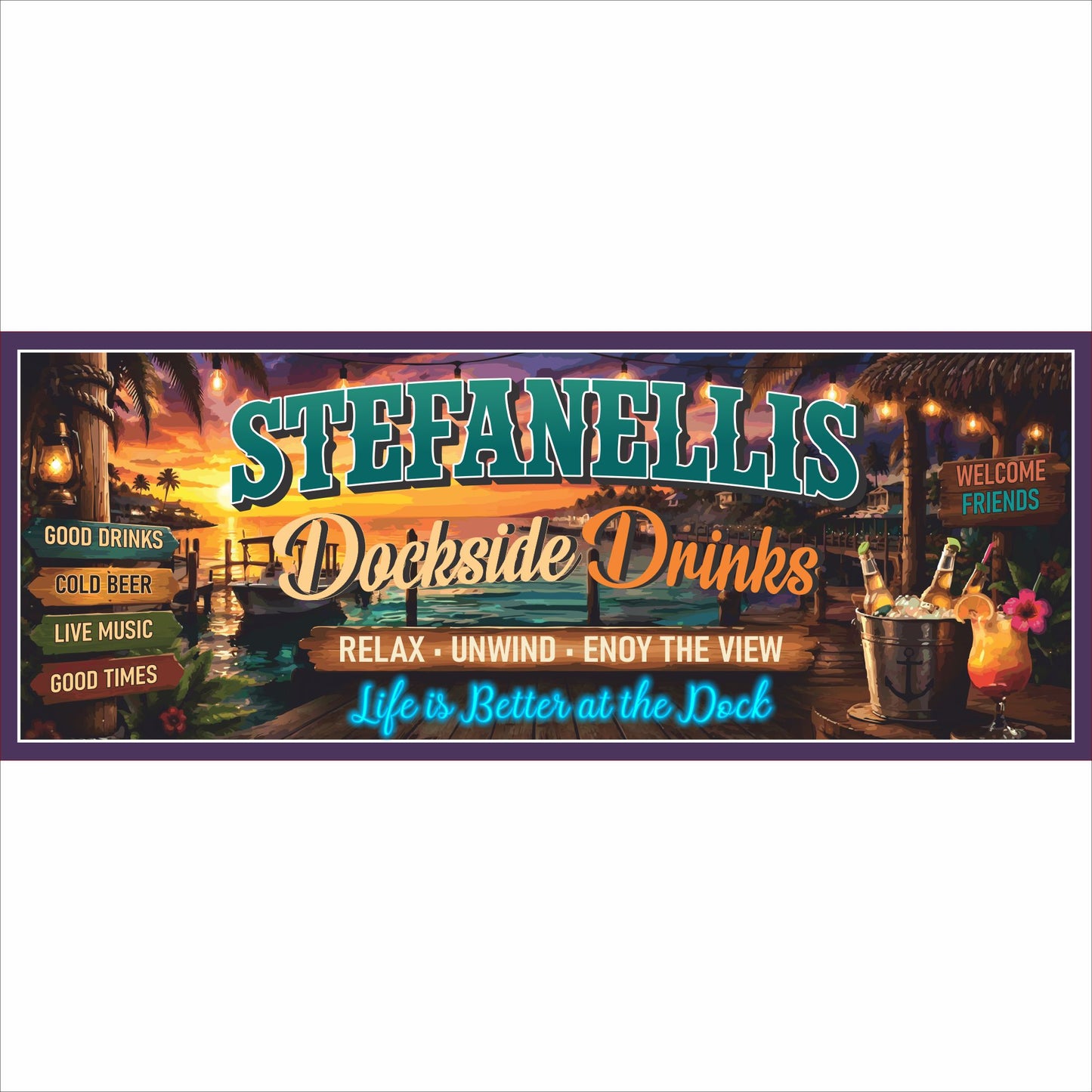 Custom dockside bar sign personalized with your own text featuring printed glow-effect waterfront artwork.