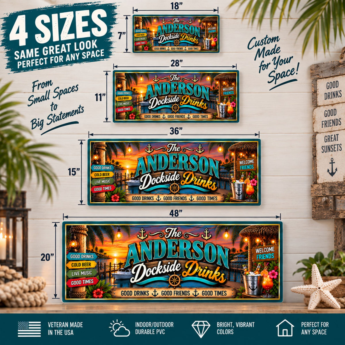 Four-size comparison showing the personalized dockside sign in 18×7, 28×11, 36×15 and 48×20 inches.