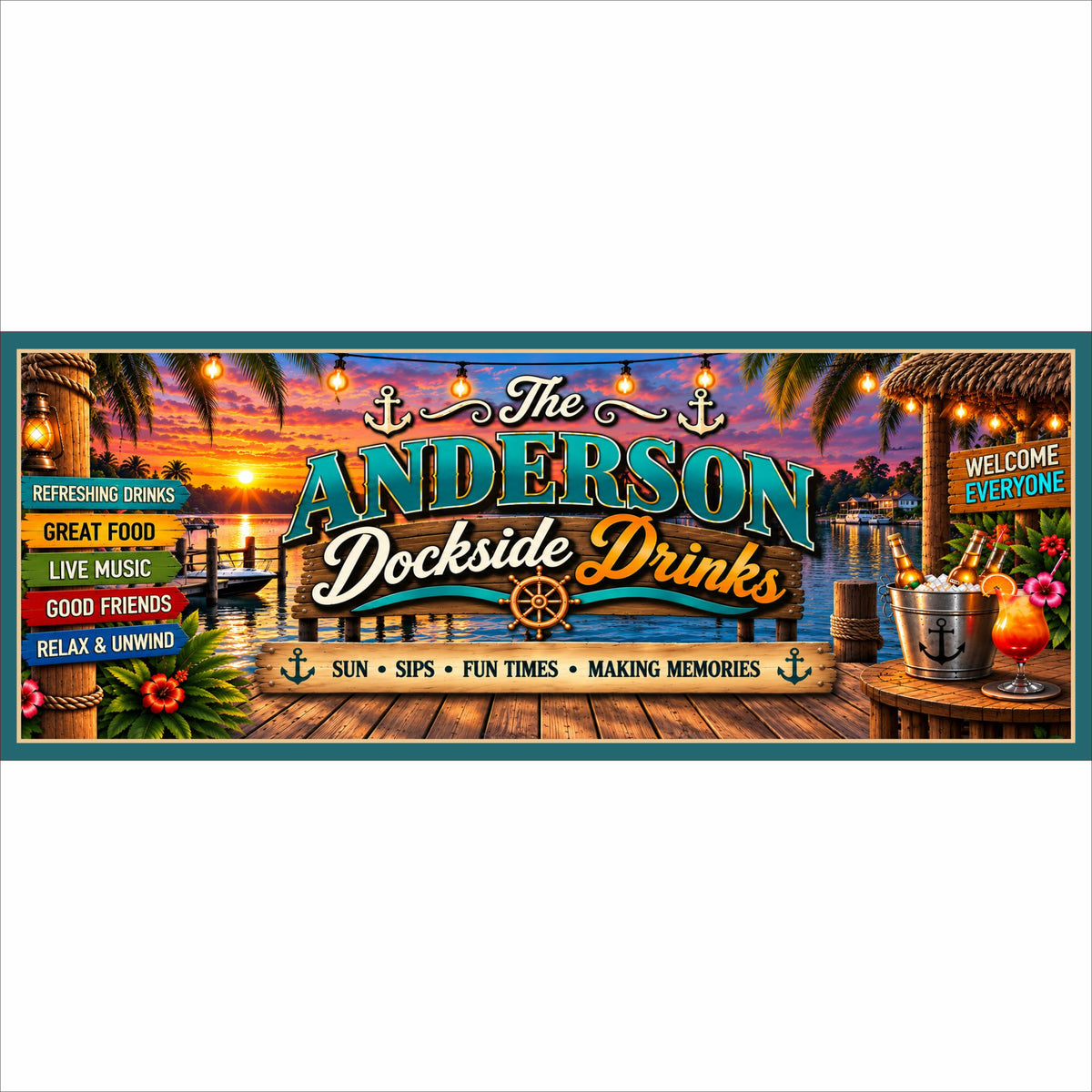 Personalized dockside bar sign with tropical sunset, marina, cocktails and custom family name.