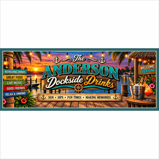 Personalized dockside bar sign with tropical sunset, marina, cocktails and custom family name.