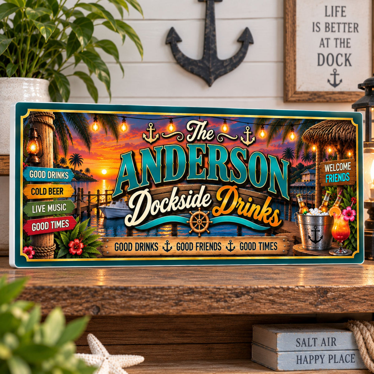 Personalized tropical dockside bar sign displayed on a rustic shelf with coastal décor.