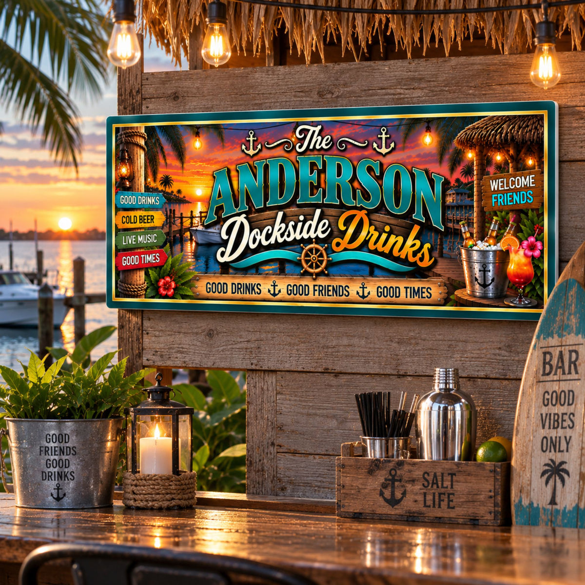 Custom dockside drinks sign displayed at an outdoor tiki bar overlooking the water.
