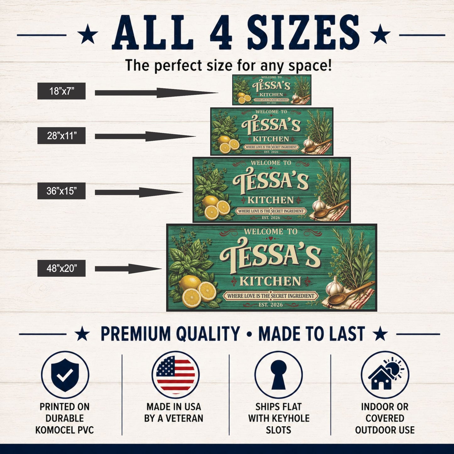 Personalized family kitchen sign available in four sizes: 18x7, 28x11, 36x15 and 48x20, made in the USA by a veteran.