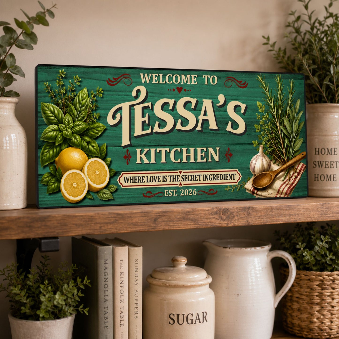 Personalized farmhouse kitchen sign displayed on a rustic shelf with herbs, lemons, garlic and custom family name, made in the USA by a veteran.