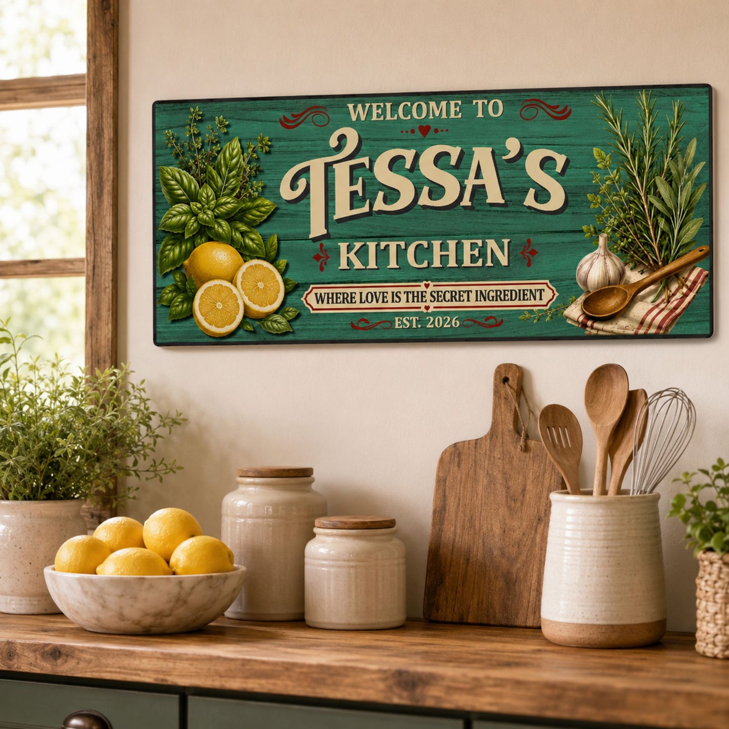 Personalized farmhouse kitchen sign displayed above a kitchen counter with rustic home décor.