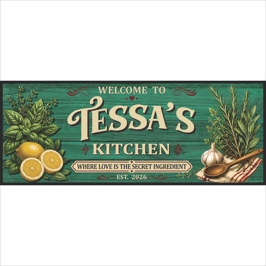 Custom personalized family kitchen sign with rustic farmhouse herbs, lemons and garlic made in the USA by a veteran.