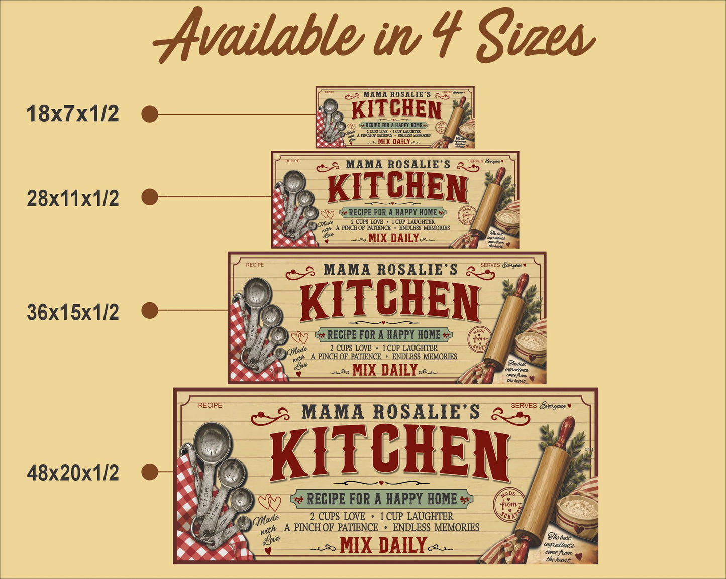 Personalized family kitchen sign available in four sizes: 18x7, 28x11, 36x15 and 48x20, made in the USA by a veteran.