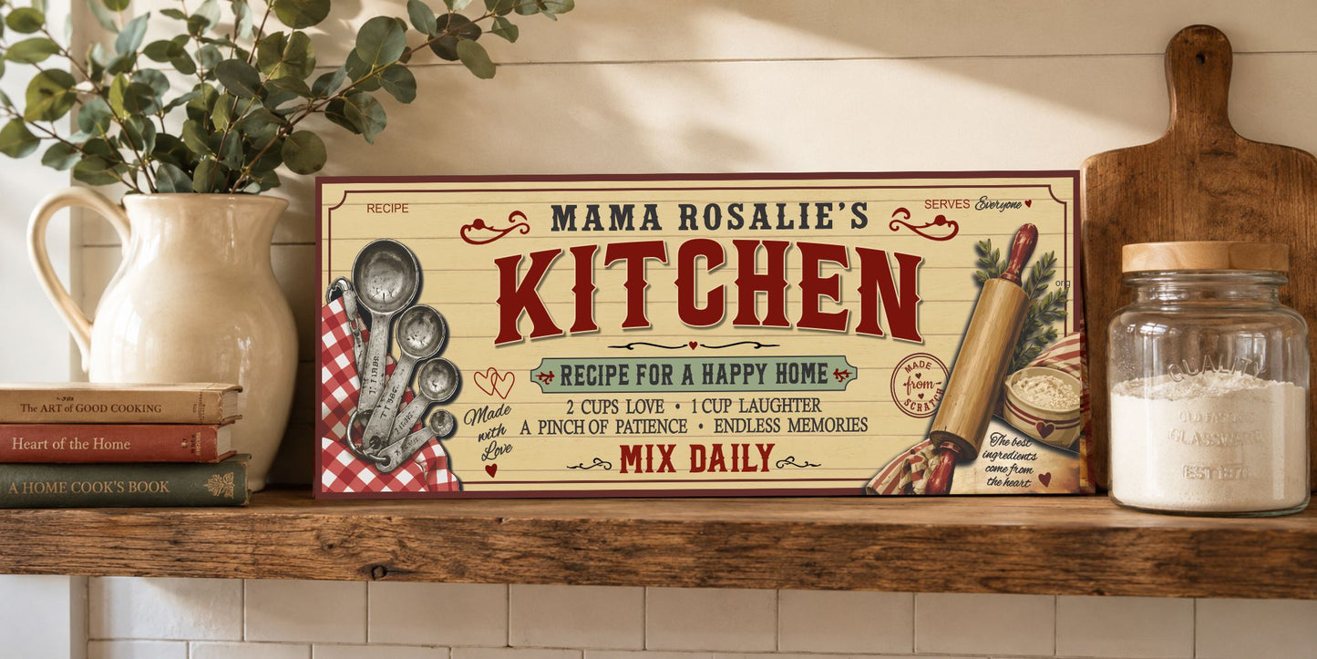 Personalized family kitchen sign displayed on a rustic kitchen shelf with farmhouse décor and custom family name.