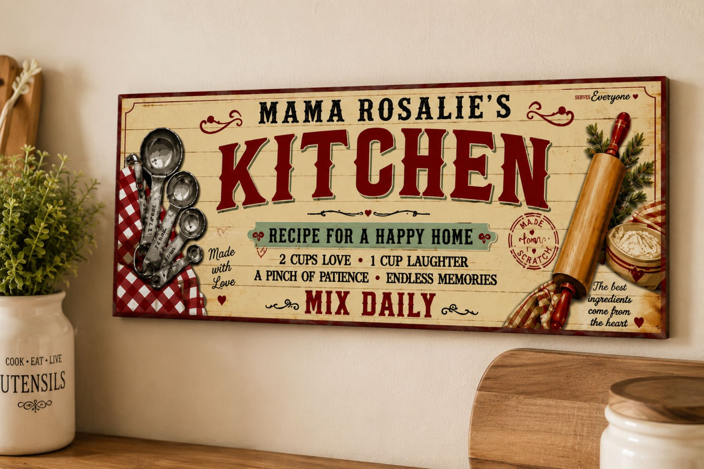 Custom personalized farmhouse kitchen sign displayed above a kitchen countertop with vintage farmhouse décor.