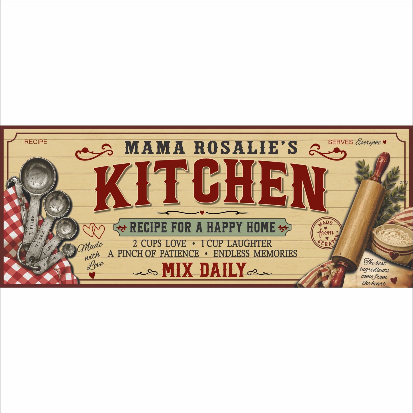 Custom personalized family kitchen sign featuring a vintage recipe design with rolling pin, measuring spoons and farmhouse kitchen décor made in the USA by a veteran.