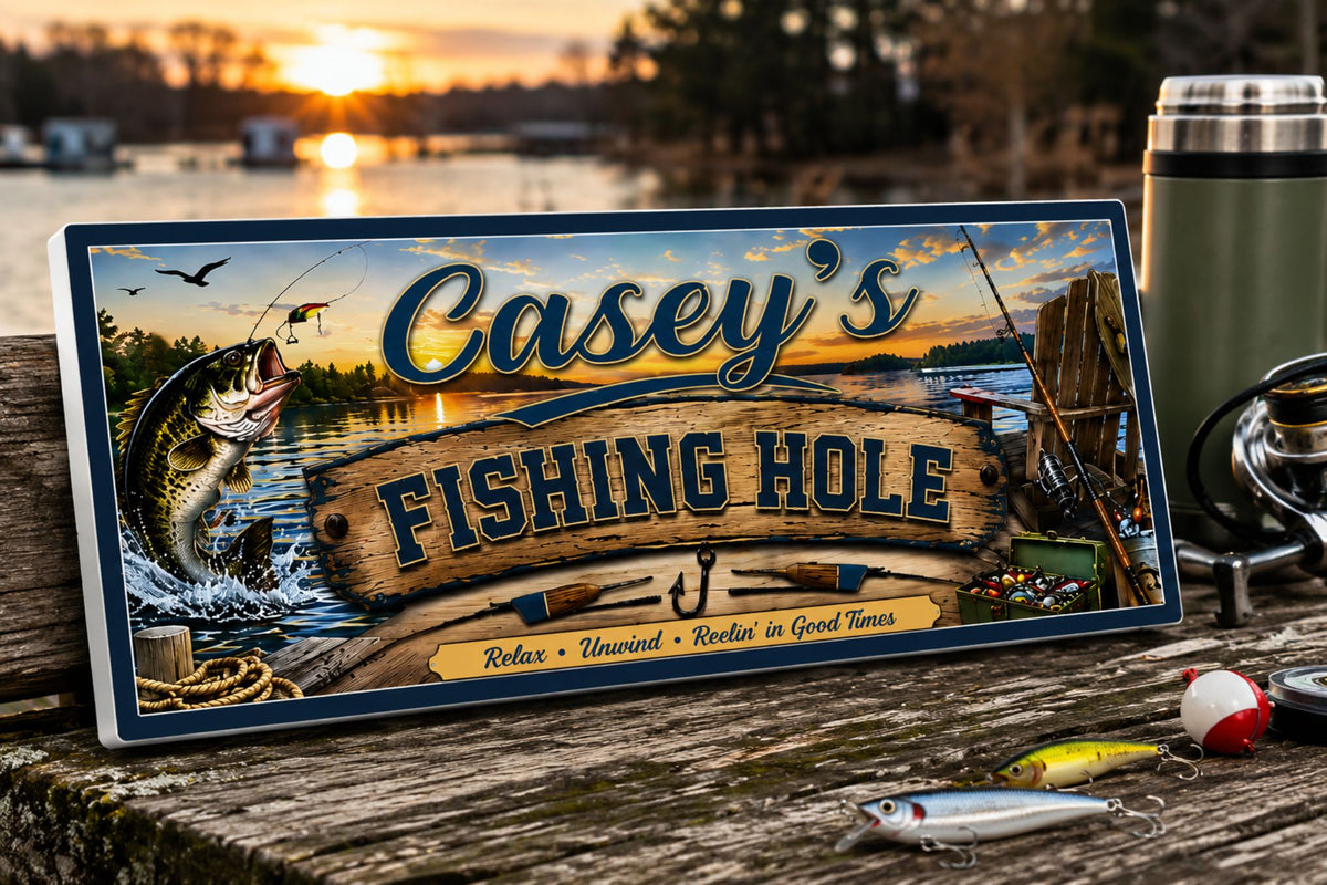 Personalized fishing sign displayed on a lakeside wooden surface with fishing lures and a tumbler, showing its white PVC edge.