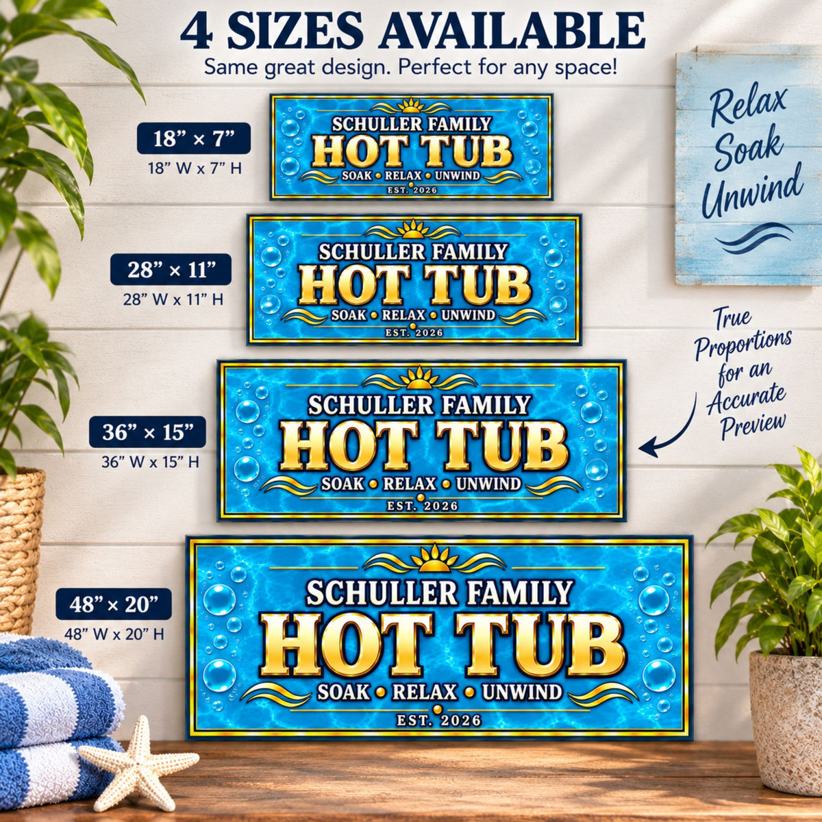 Four-size comparison showing personalized hot tub signs in 18×7, 28×11, 36×15 and 48×20 inches.