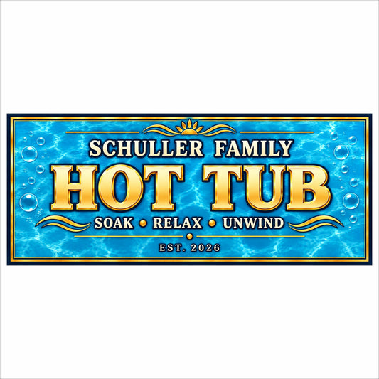 Personalized family hot tub sign with blue water design, gold lettering, bubbles and four custom text areas.