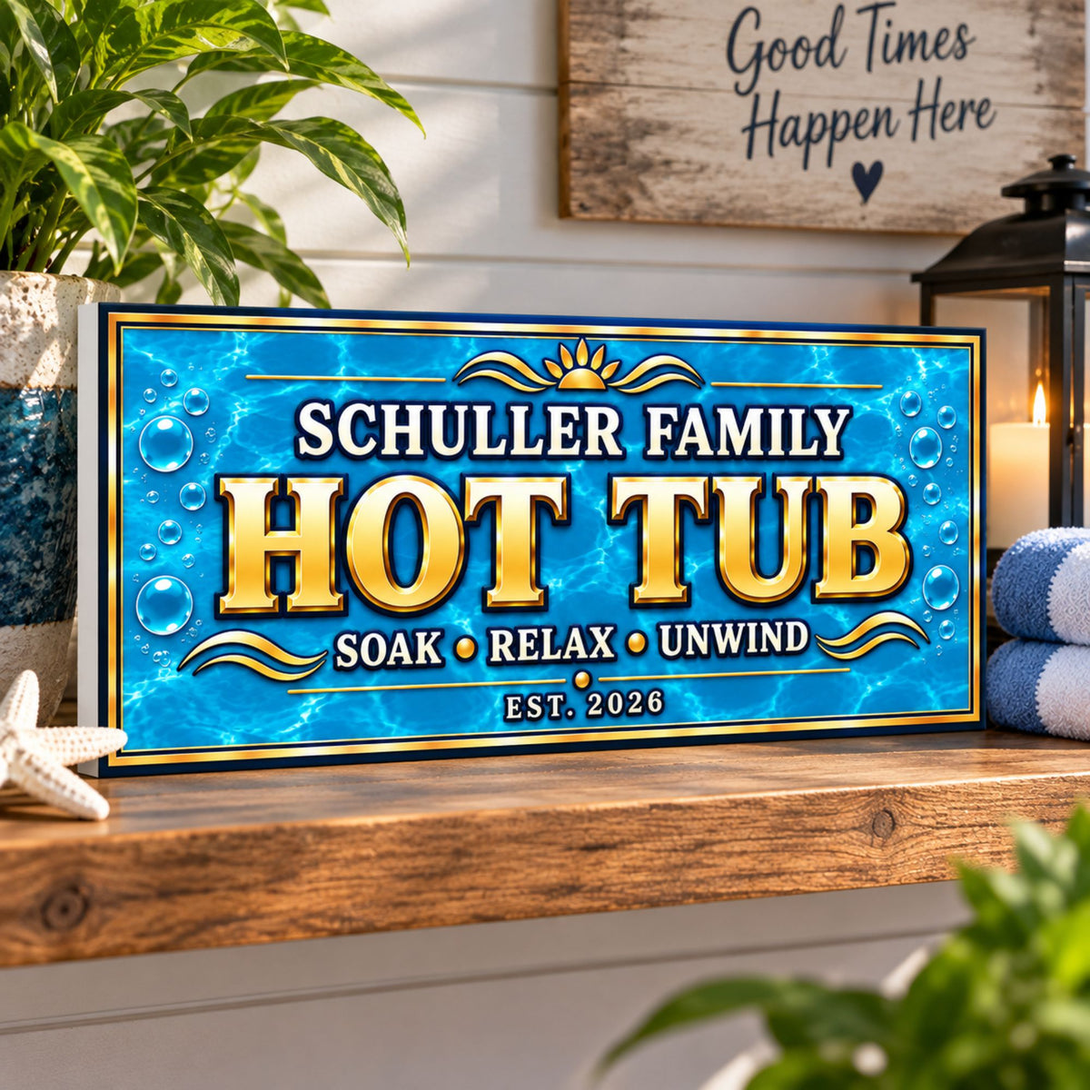 Custom hot tub sign displayed on a shelf with spa towels, tropical greenery and relaxing decor.