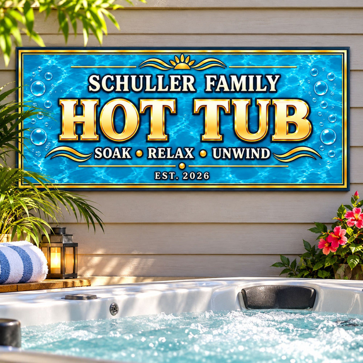 Personalized hot tub sign displayed above an outdoor spa surrounded by tropical plants.