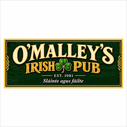 Personalized Irish pub sign with a green background, gold lettering and border, central shamrock, established year, and Irish greeting.