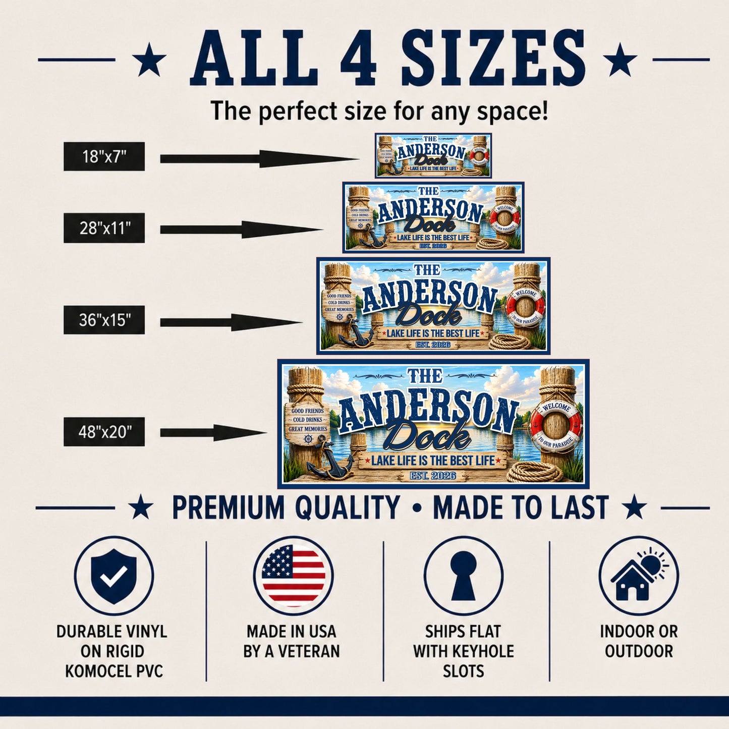 Personalized dock sign size chart showing 18x7, 28x11, 36x15 and 48x20 options.