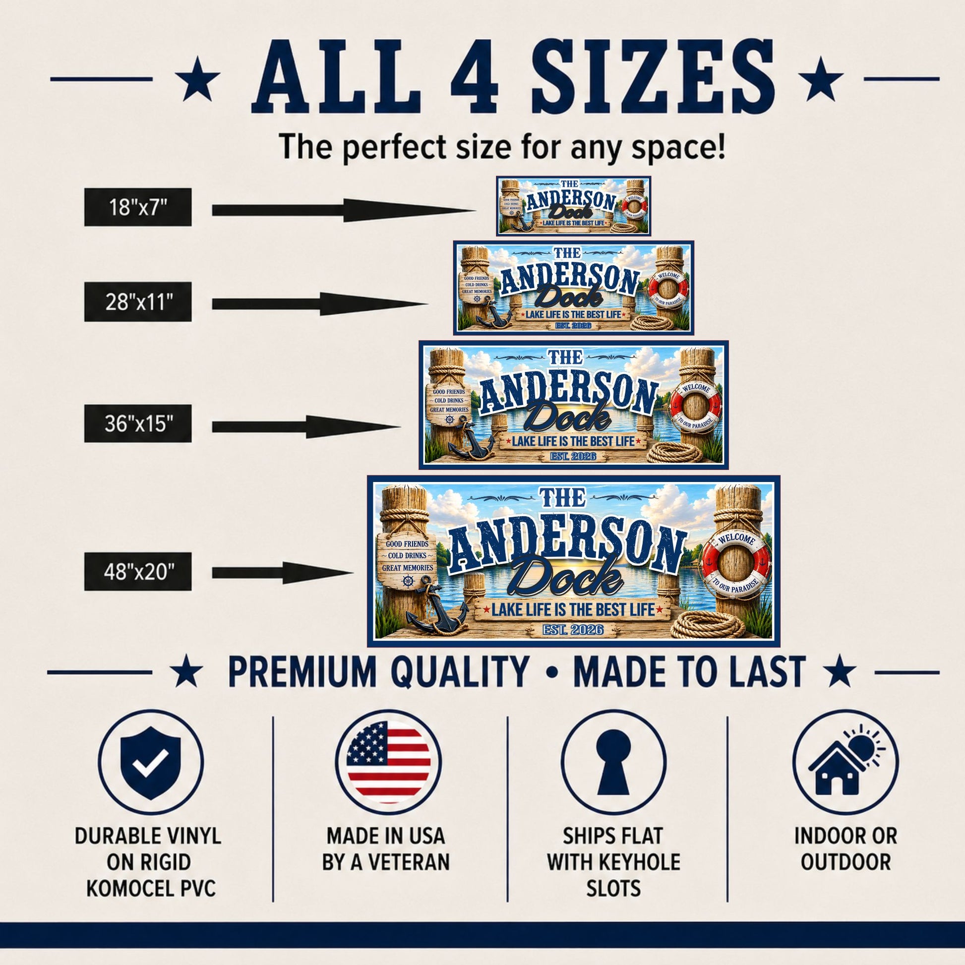 Personalized dock sign size chart showing 18x7, 28x11, 36x15 and 48x20 options.