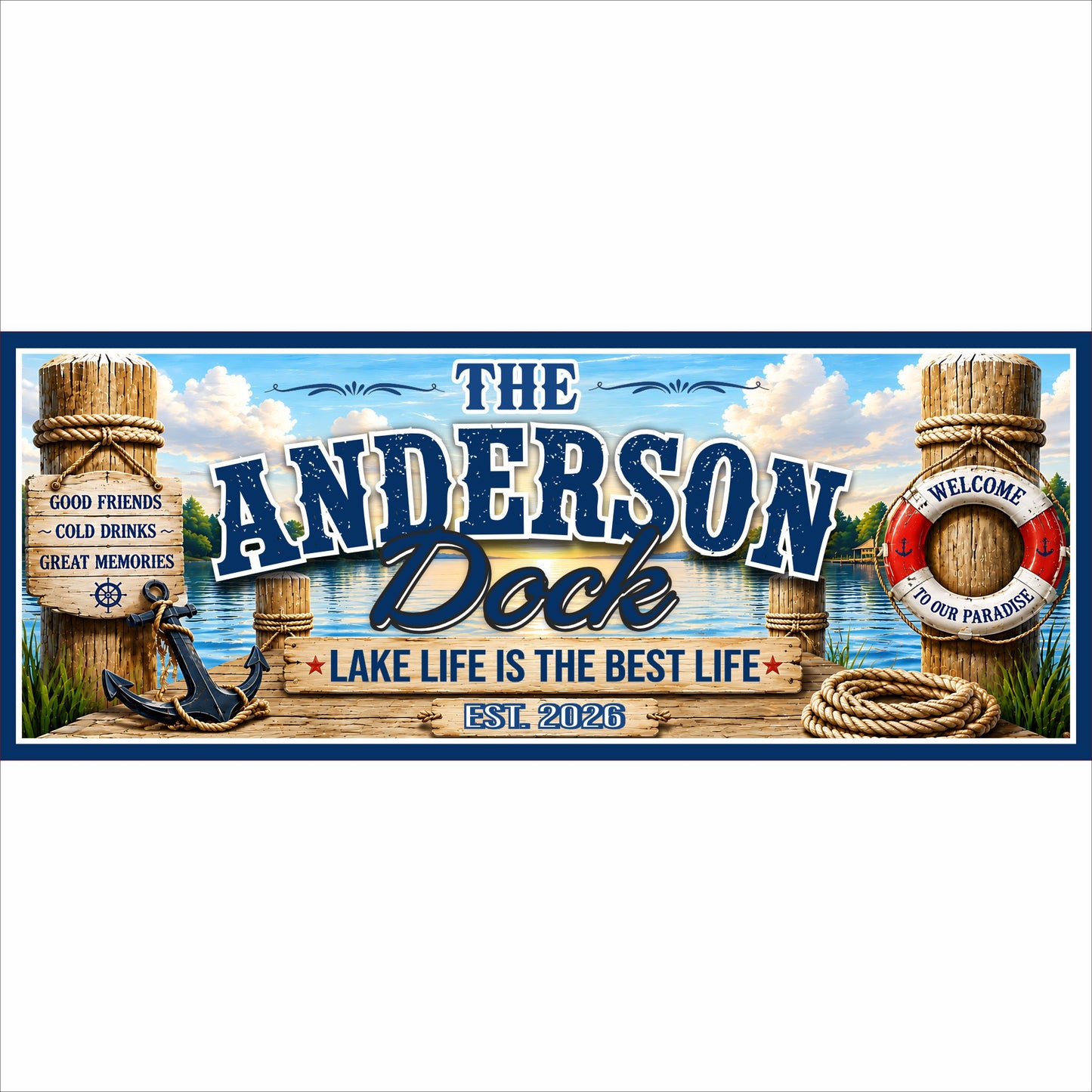 Personalized nautical dock sign with family name, lake scene, anchor, rope, lanterns and life preserver.