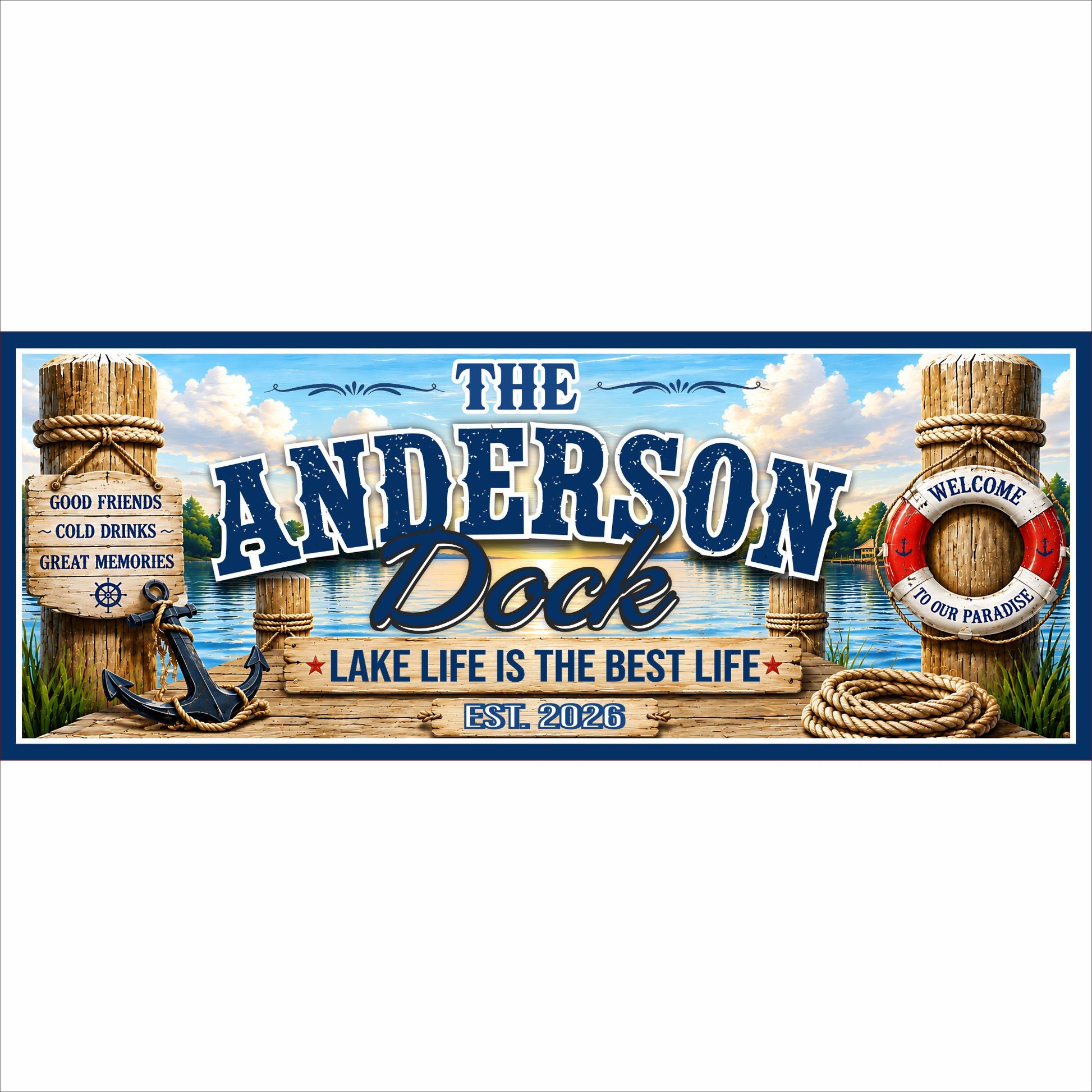 Personalized nautical dock sign with family name, lake scene, anchor, rope, lanterns and life preserver.