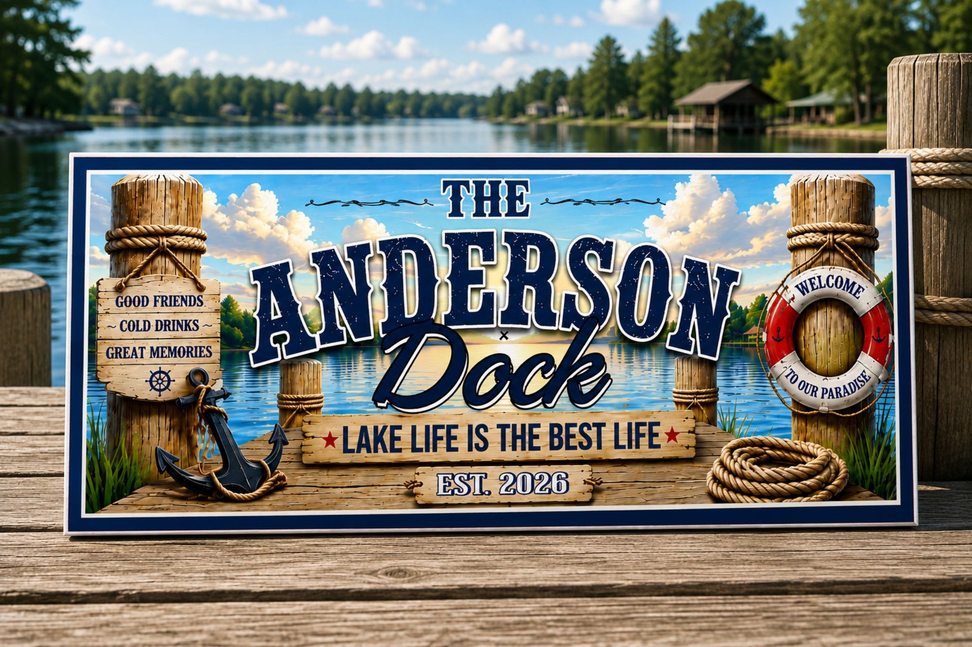 Personalized family dock sign displayed on a wooden dock overlooking a lake.
