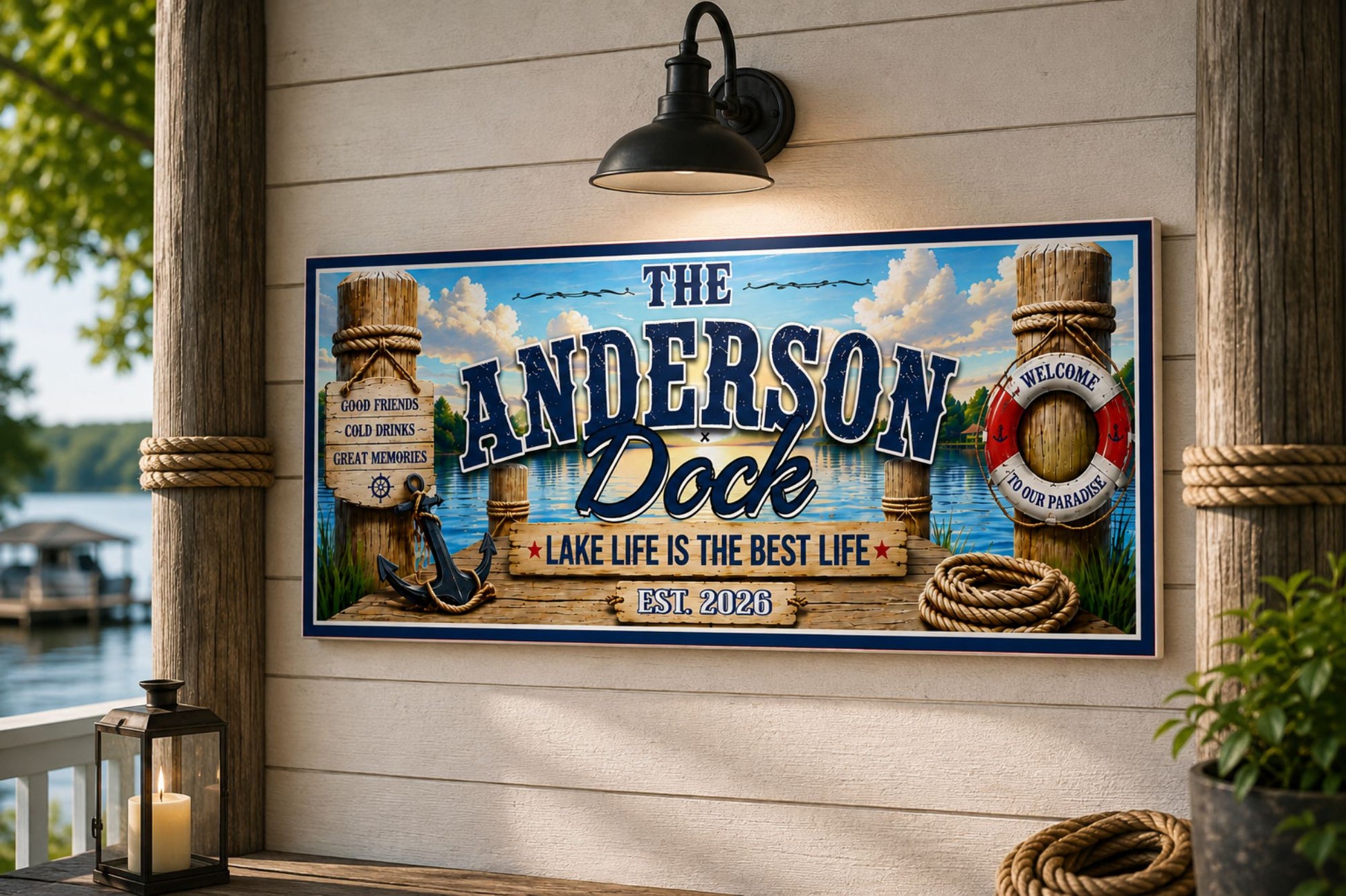 Custom lake house dock sign displayed on an exterior waterfront home wall.
