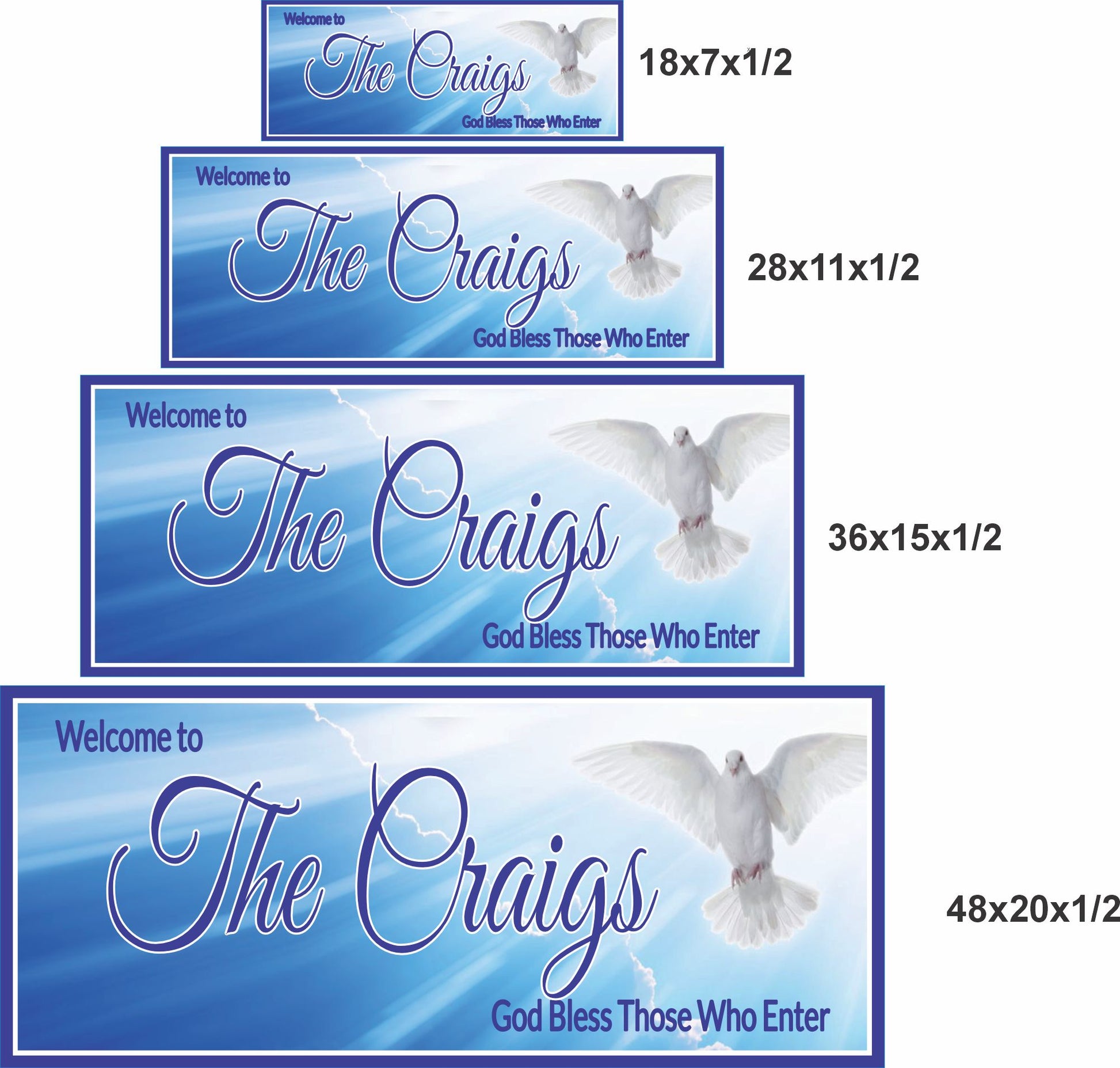 Christian family name sign shown in four available size options