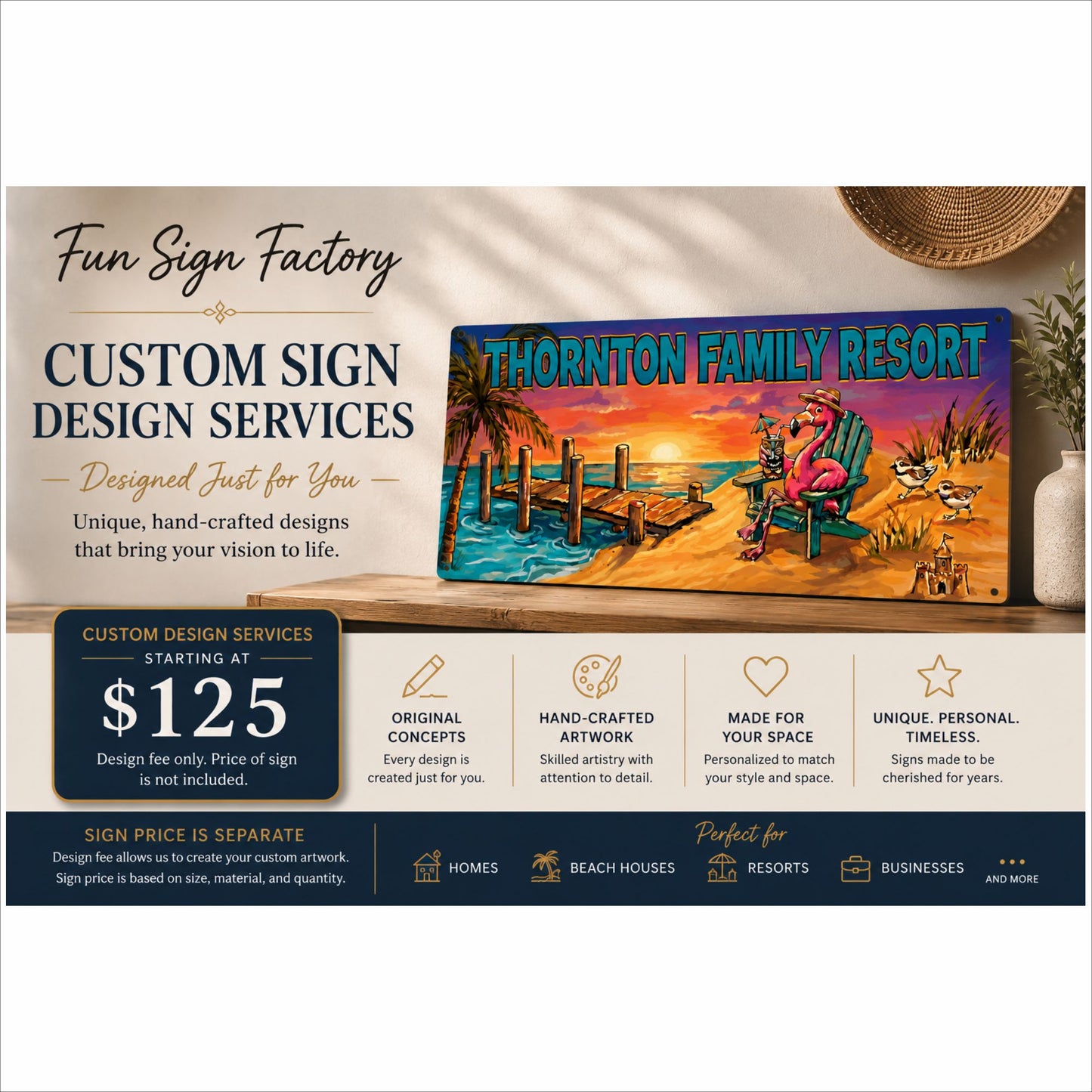 Custom sign design services infographic featuring personalized tropical family resort sign by Fun Sign Factory