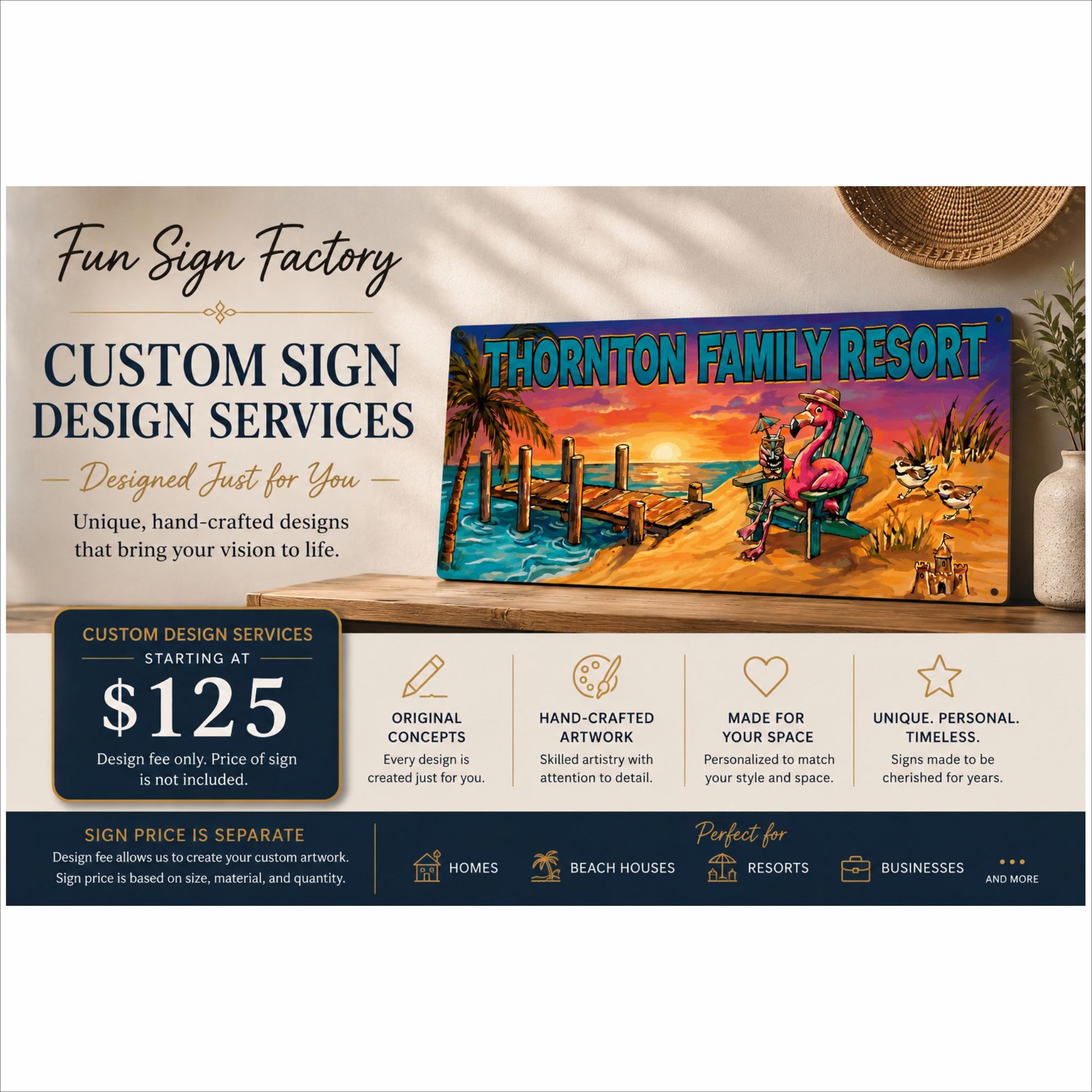 Custom sign design services infographic featuring personalized tropical family resort sign by Fun Sign Factory