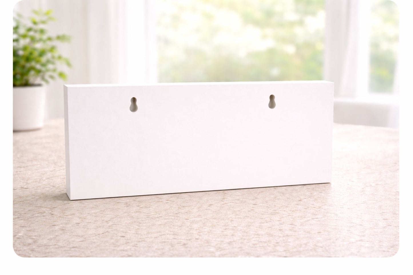 Rear view of personalized campsite sign showing built-in keyhole mounting slots on white PVC backing