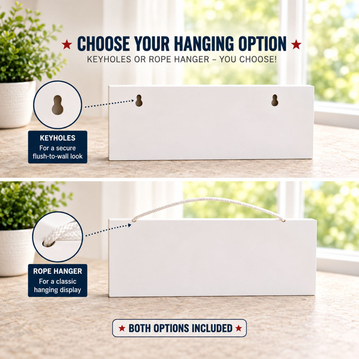 Hanging-options infographic showing white PVC sign backs with keyholes and a rope hanger, with close-ups of both mounting methods.