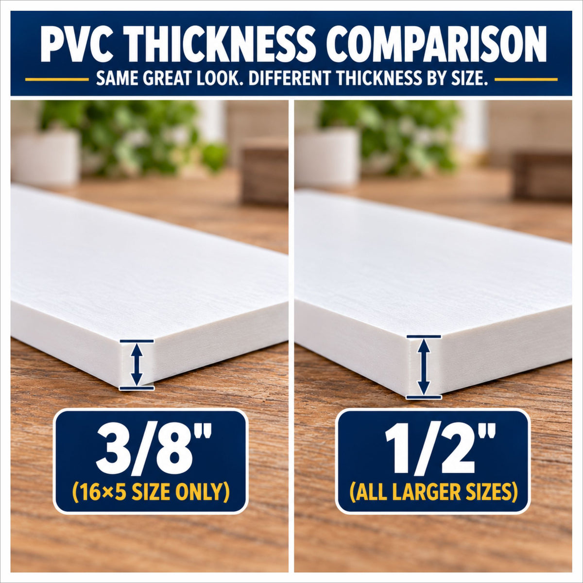 Rigid PVC thickness comparison showing 3/8 inch PVC for 16x5 signs and 1/2 inch PVC for larger signs