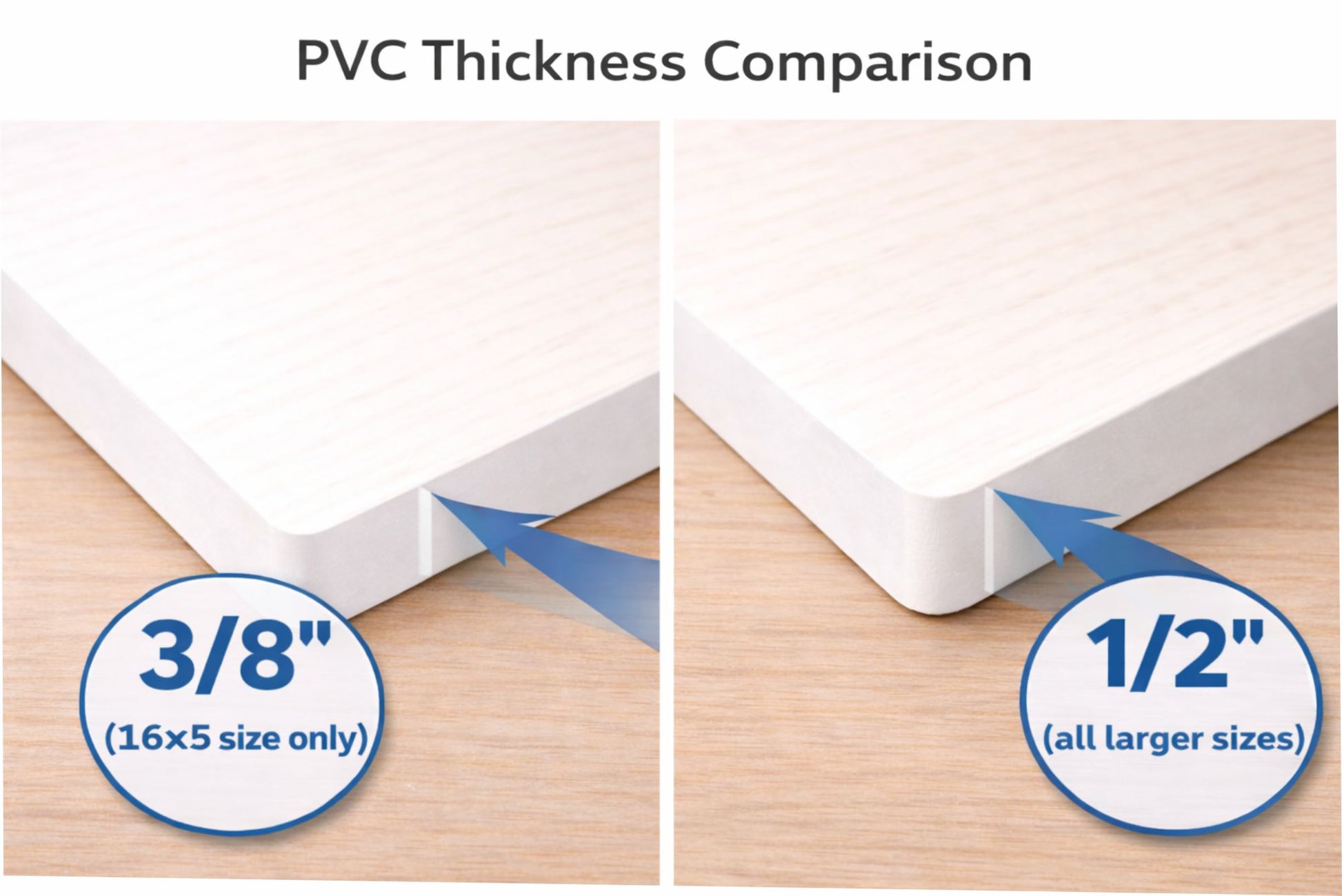 PVC sign thickness comparison showing 3/8 inch for 16x5 size and 1/2 inch for larger sizes
