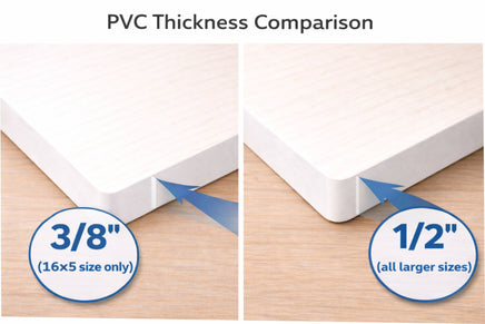 PVC sign thickness comparison showing 3/8 inch for 16x5 size and 1/2 inch for larger sizes