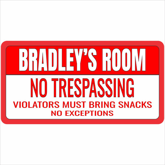 personalized no trespassing kids room door sign red and white design
