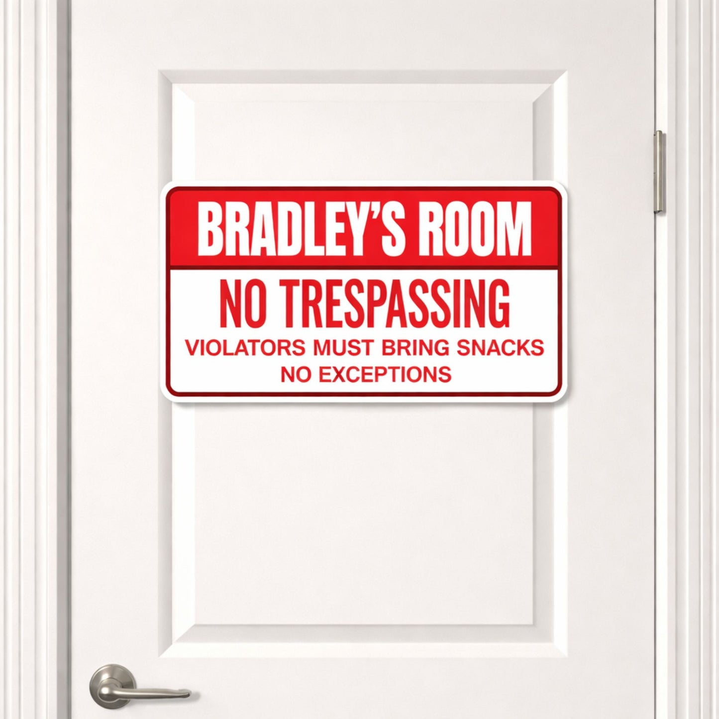 custom kids bedroom door sign installed on white interior door
