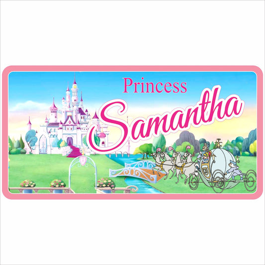 personalized princess kids room door sign with castle and carriage illustration